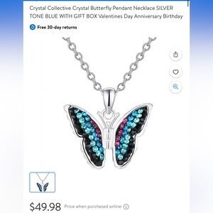 Crystal Collective Crystal Butterfly Pendant Necklace SILVER TONE BLUE NWOT